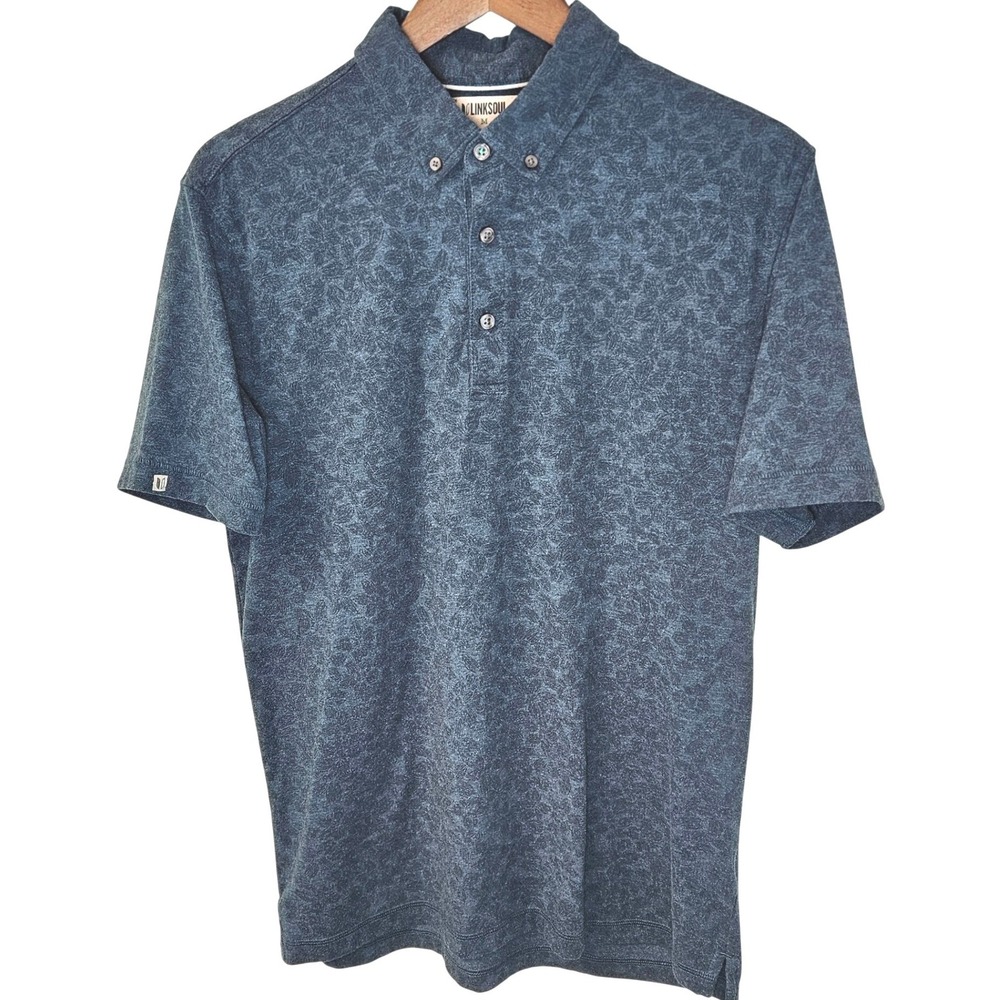 Linksoul Men's Medium Polo Shirt Blue Gray Organic Cotton Golf Tempus Fugit
